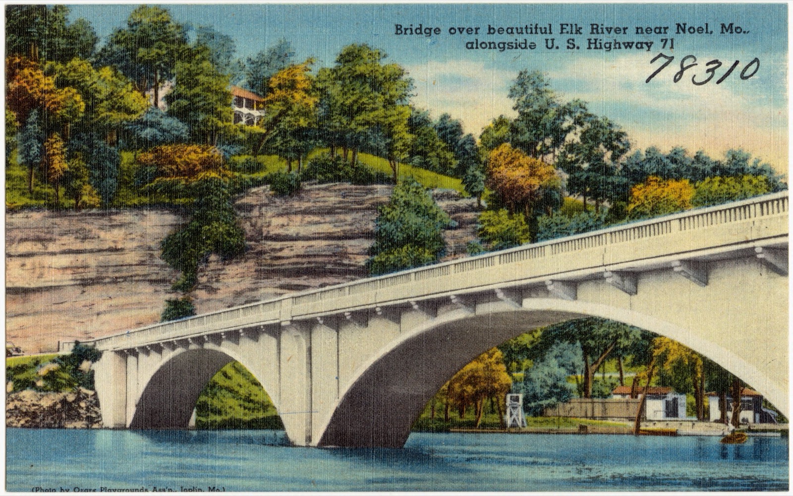 Historic linen postcard of a bridge over the Elk River near Noel, Missouri, alongside U.S. Highway 71, circa 1930–1945.